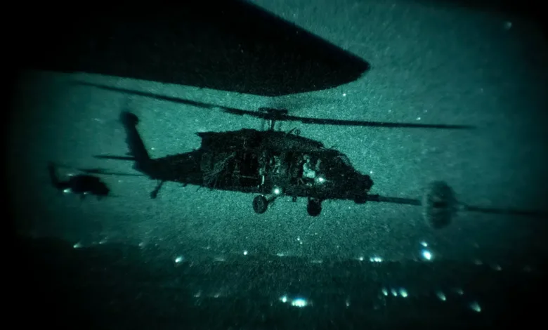 Night vision image of military helicopters flying, possibly related to the capture of Nicolás Maduro.