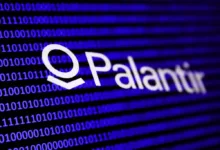 Palantir logo on a blue digital background with binary code. Data analytics company.