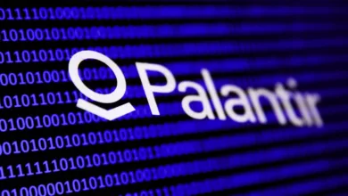 Palantir logo on a blue digital background with binary code. Data analytics company.
