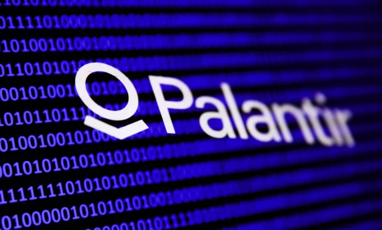 Palantir logo on a blue digital background with binary code. Data analytics company.