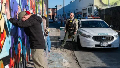 People against a mural wall being searched by a sheriff's deputy and patrol car during "Exercise Sourdough" in San Francisco.