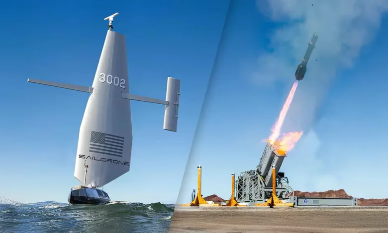 Saildrone with US flag, missile launch. Text: Saildrone, 3002.