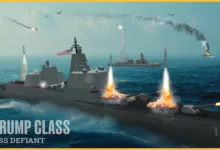 Trump Class USS Defiant warship fires missiles, with burning ship and aircraft in the distance.