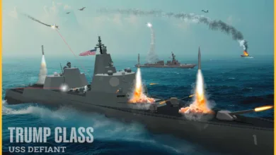 Trump Class USS Defiant warship fires missiles, with burning ship and aircraft in the distance.