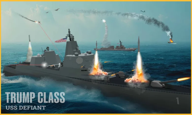 Trump Class USS Defiant warship fires missiles, with burning ship and aircraft in the distance.