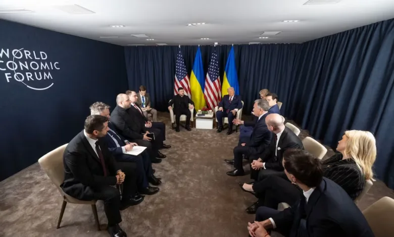 Zelenskyy and Biden meet at World Economic Forum with delegations present.