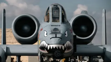 A-10 Thunderbolt II attack aircraft with shark teeth nose art. Close-up view of the cockpit and engines.
