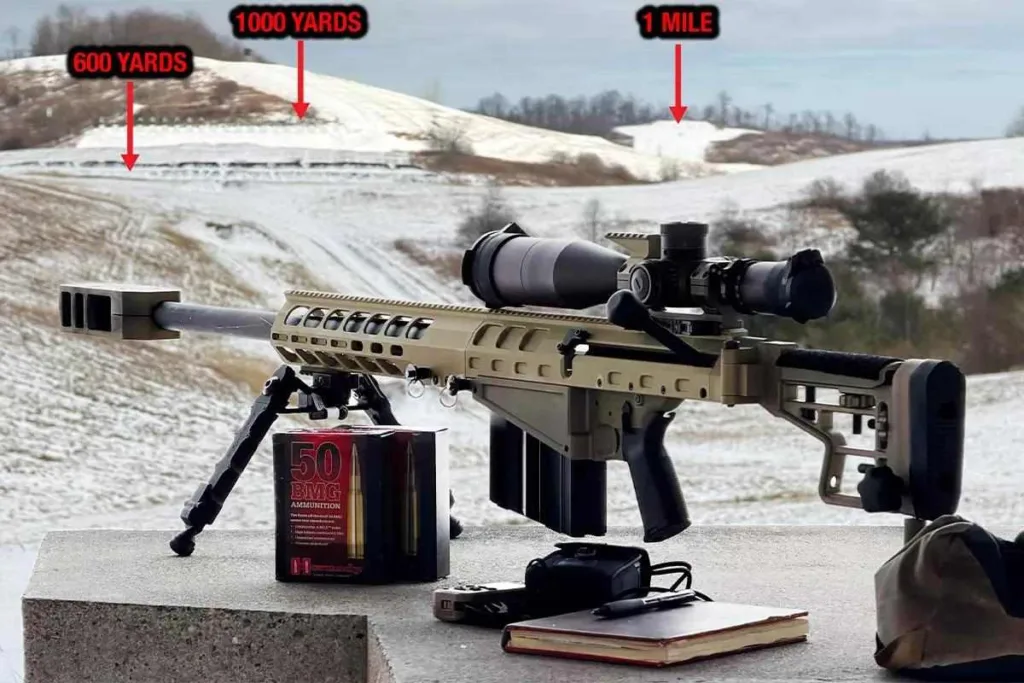 .50 BMG Auto-Ordnance Thompson TAO50 rifle with scope, bipod, and ammunition on a snowy range with distance markers.