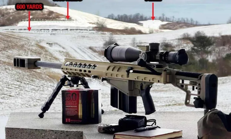 .50 BMG Auto-Ordnance Thompson TAO50 rifle with scope, bipod, and ammunition on a snowy range with distance markers.