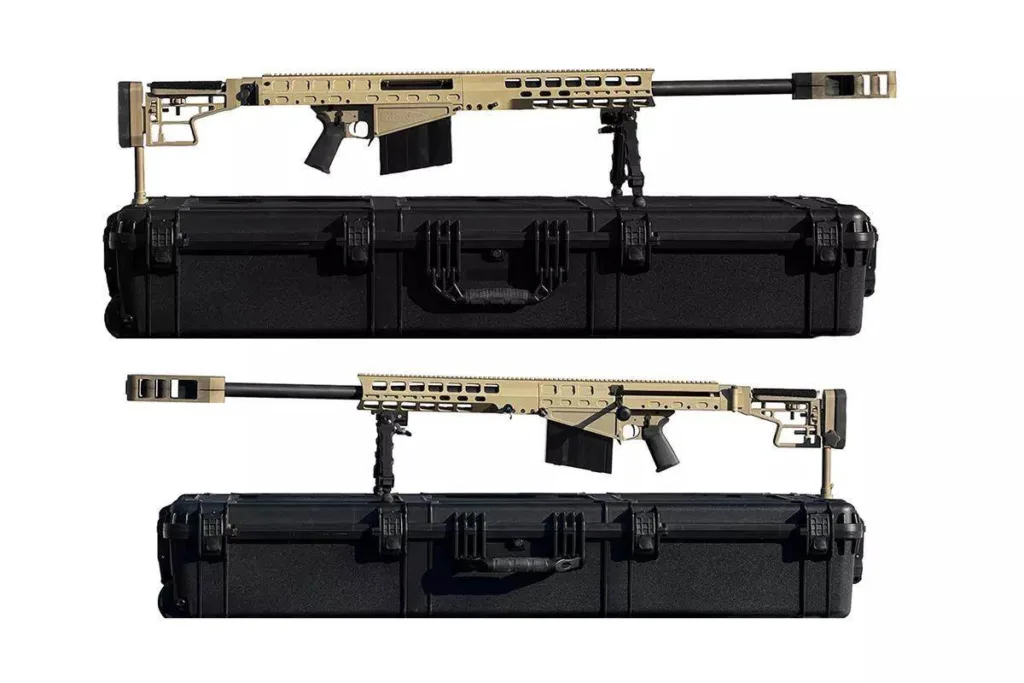 Auto-Ordnance Thompson TAO50 .50 BMG rifles in cases, tan finish.
