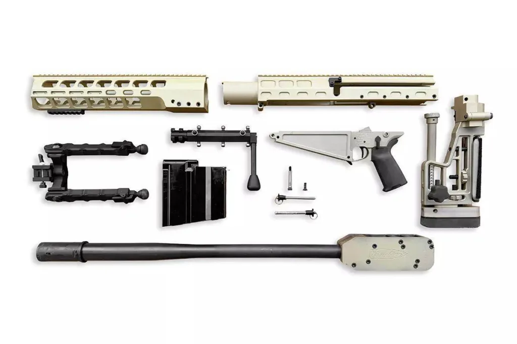 Disassembled Auto-Ordnance Thompson TAO50 .50 BMG rifle parts.