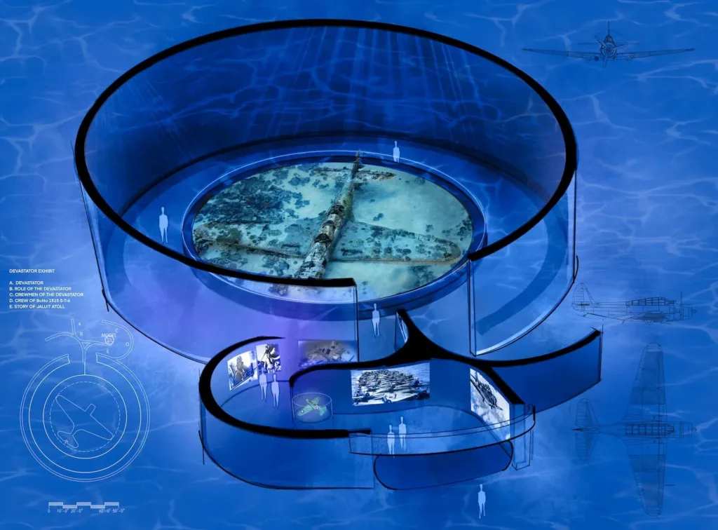 Devastator exhibit rendering: sunken aircraft display with information panels and diagram.
