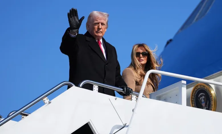 Donald Trump and Melania on Air Force One steps, waving.