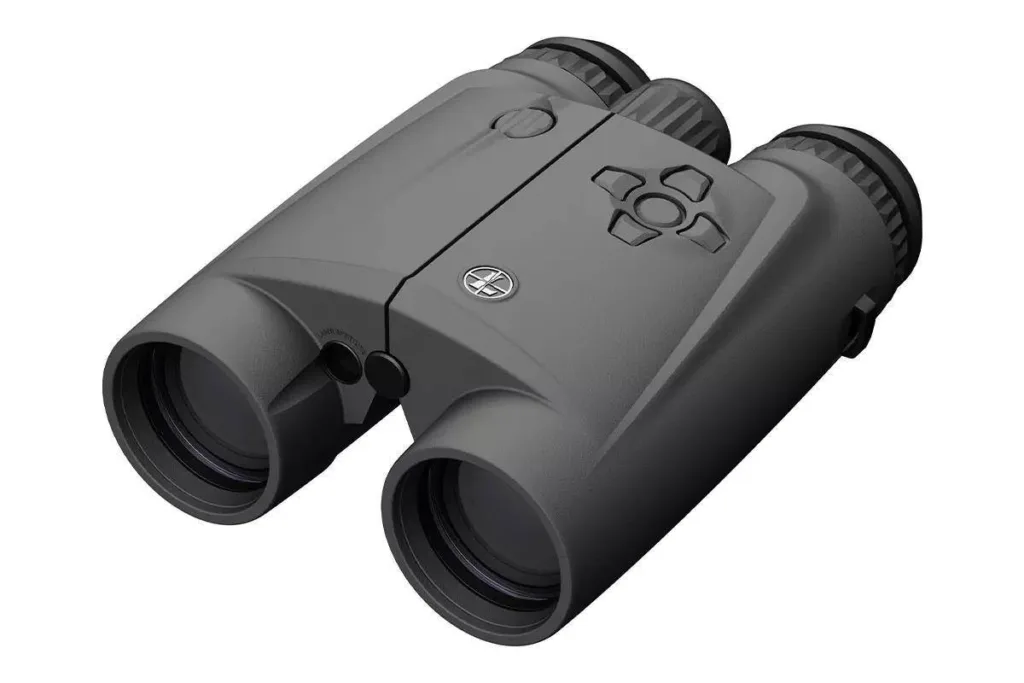 Gray Leupold rangefinding binoculars with integrated controls.