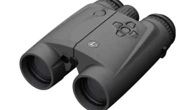 Gray Leupold rangefinding binoculars with integrated controls.