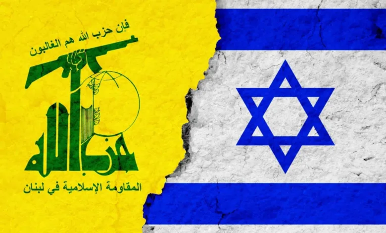 Hezbollah flag and Israeli flag side by side with a crack in between. Text: "فإن حزب الله هم الغالبون
