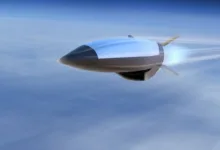 Hypersonic missile flying through the sky with contrails.