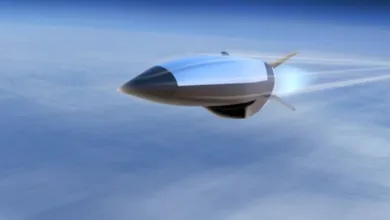 Hypersonic missile flying through the sky with contrails.