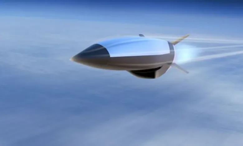 Hypersonic missile flying through the sky with contrails.
