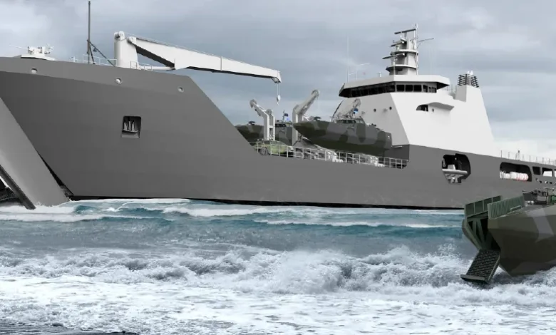 Military landing craft deploying vehicles onto a beach, with a Humvee exiting the larger vessel.