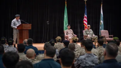 Pakistan Navy assumes command of Combined Task Force 150 during ceremony with flags displayed.