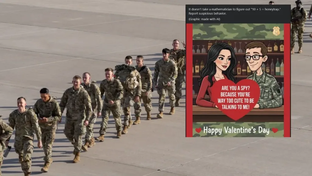 Soldiers in formation with Valentine's Day "honeytrap" meme: "Are you a spy?