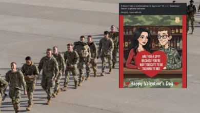 Soldiers in formation with Valentine's Day "honeytrap" meme: "Are you a spy?