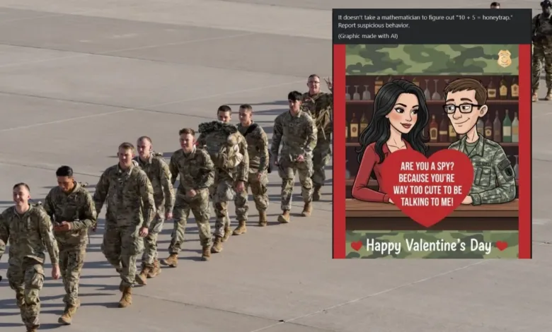 Soldiers in formation with Valentine's Day "honeytrap" meme: "Are you a spy?