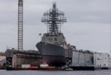 US Navy destroyer USS Paul Ignatius (DDG 95) in dry dock for maintenance.
