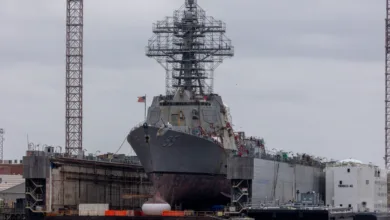 US Navy destroyer USS Paul Ignatius (DDG 95) in dry dock for maintenance.