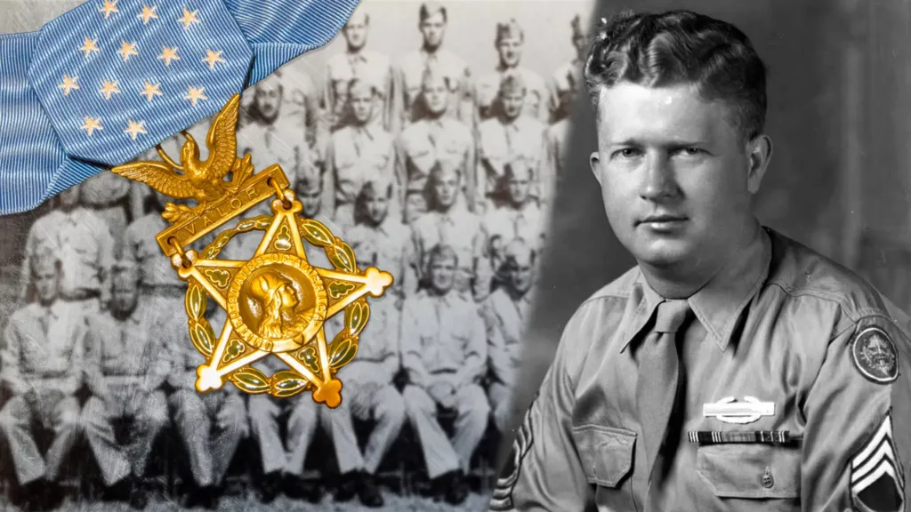 Van T. Barfoot, Medal of Honor recipient, with his unit photo and medal.