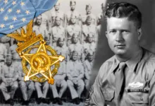 Van T. Barfoot, Medal of Honor recipient, with his unit photo and medal.