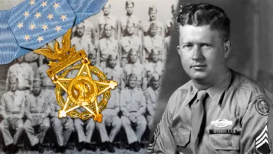 Van T. Barfoot, Medal of Honor recipient, with his unit photo and medal.