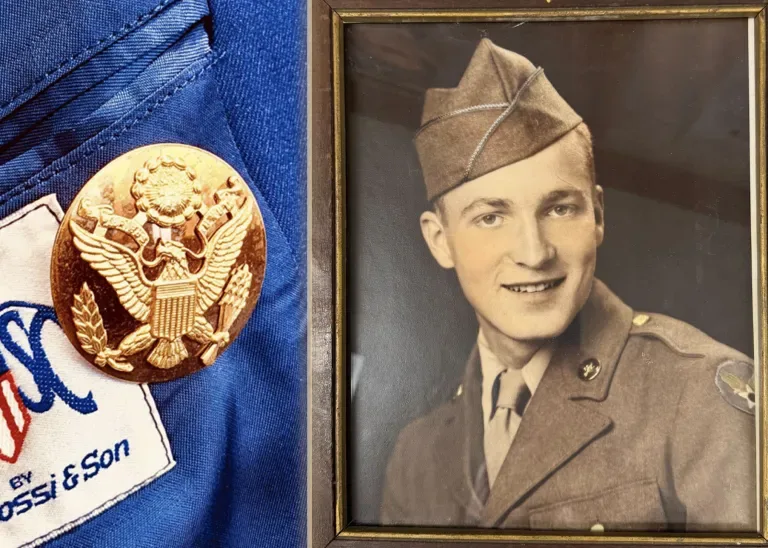 Vintage WWII portrait of a young soldier with uniform detail and US Army insignia.