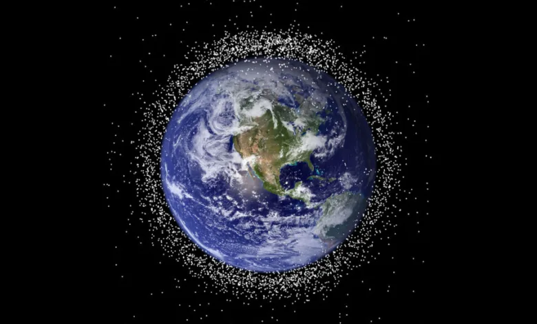 Earth surrounded by space debris. The planet is visible with clouds, land, and oceans.
