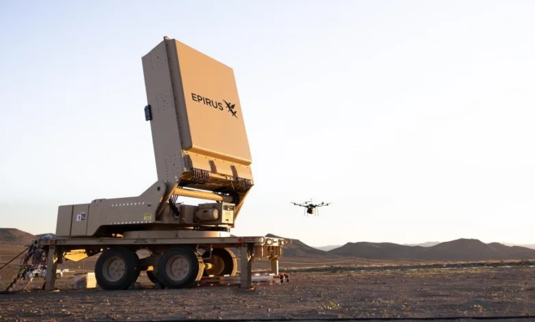 Epirus Leonidas directed energy system engaging drone in desert environment.