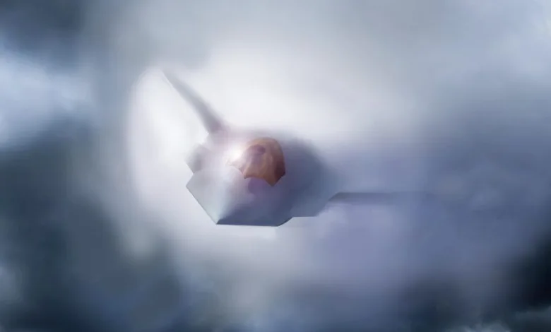 F-22 Raptor breaking the sound barrier with condensation cloud.