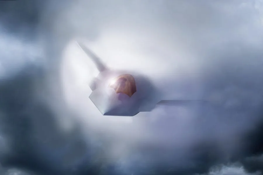 F-22 Raptor breaking the sound barrier with condensation cloud.