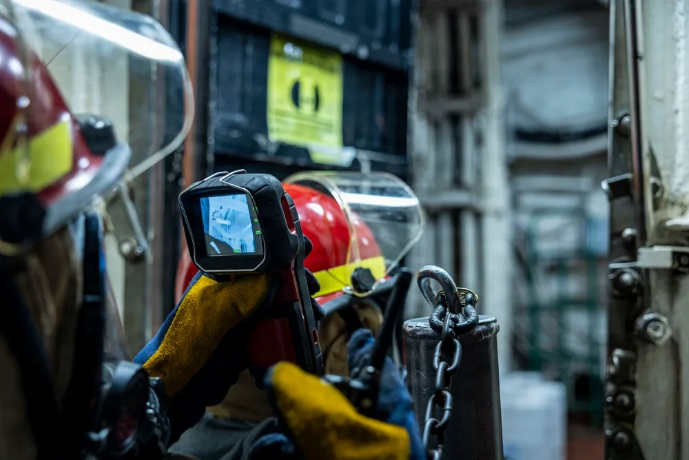 Firefighter gear and thermal imaging camera, USS Iwo Jima training.