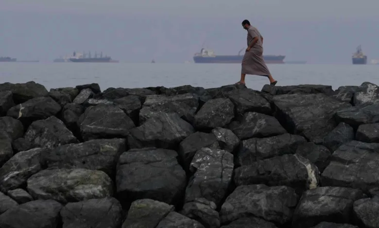 Man walking on rocks by the sea with ships in the background.