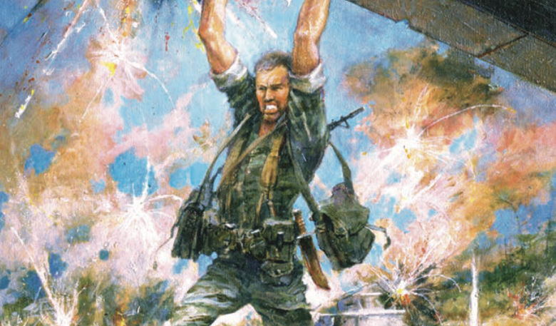 Rambo action scene with Sylvester Stallone, explosions, and military gear.