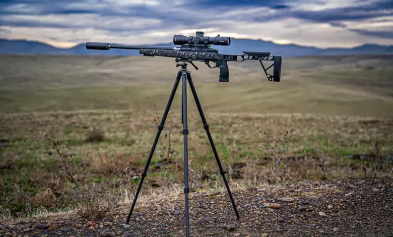 Seekins Precision rifle mounted on a tripod outdoors with scope.