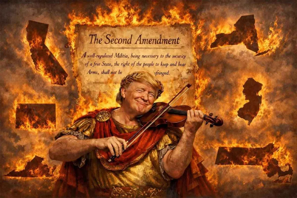 Trump as Nero fiddles while US states burn, Second Amendment text visible.