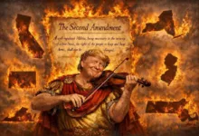 Trump as Nero fiddles while US states burn, Second Amendment text visible.
