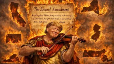 Trump as Nero fiddles while US states burn, Second Amendment text visible.