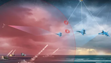 Military aircraft and naval vessels engaged in combat operations, with satellite support.