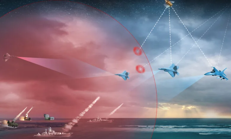 Military aircraft and naval vessels engaged in combat operations, with satellite support.