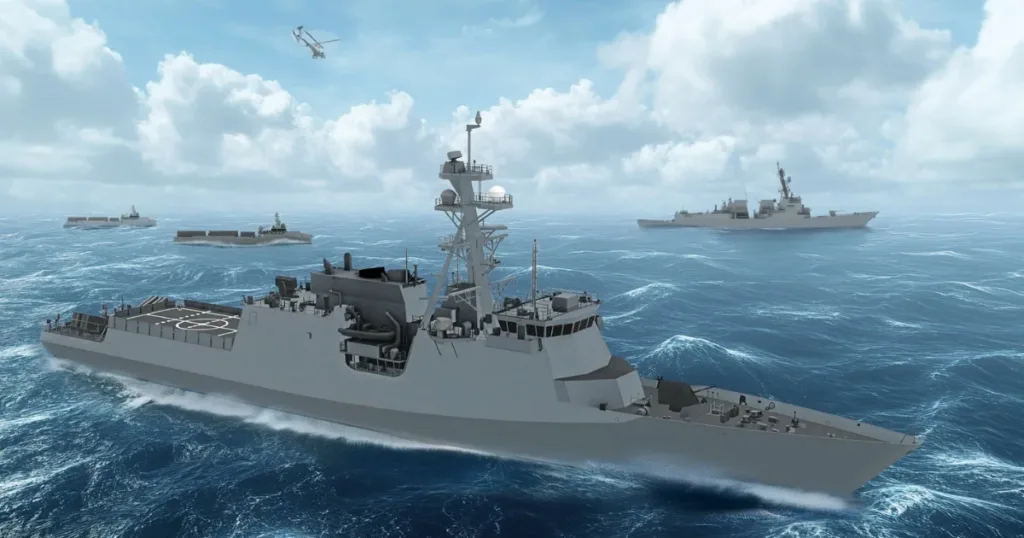 Modern naval frigates and cargo ships sail in formation on the ocean under a cloudy sky.