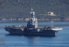 French aircraft carrier Charles de Gaulle at sea with aircraft on deck