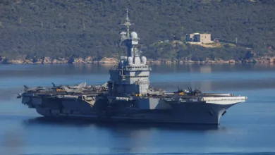 French aircraft carrier Charles de Gaulle at sea with aircraft on deck